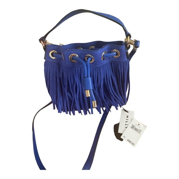 Milly Essex Fringe NWT Small Cobalt Blue Fringe Drawstring Bag - Picture 4 of 5